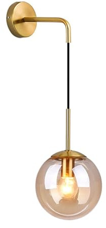 EKSED-Wandleuchte Innen Glas - Wandlampe mit Gold Metall Fassung & E27 Sockel für Schlafzimmer, Wohnzimmer, Flur (Bernstein, 20cm)