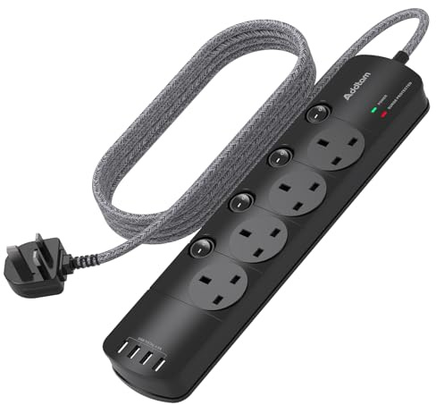 1.8M Extension Lead, 4 Way Socket Outlets Power Strips with 4 USB, 1050J Surge Protection Multi Plug Extension with Braided Extension Cable for Home, Office, Individually Switched, Black