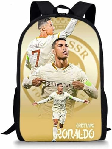Barn ryggsäck skola axelväska studentväska Ronaldo nr 7 fans tryckt tecknad stor kapacitet tonåring fotboll resor för pojkar flickor, gUL, L