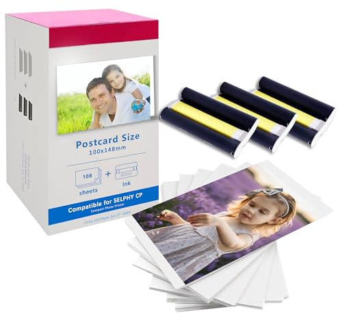LCL Compatibile per Canon Selphy CP1500 CP1300 CP1000 CP1200 CP910 Set di Carta fotografica e inchiostro, 100 x 148 mm 108 fogli di carta e 3 cassette di inchiostro a colori, per Canon Selphy KP-108IN