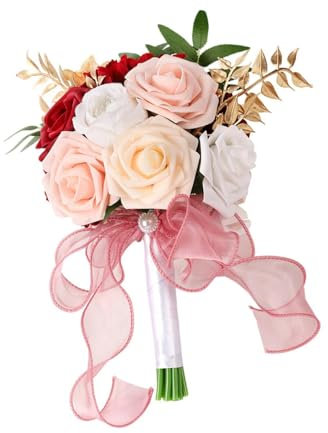 MagiDeal Rose di seta da 11,4 pollici Bouquet da sposa per damigella d'onore Bouquet di fiori per la sposa Realistico per matrimonio Chiesa Puntelli per foto, Rosso