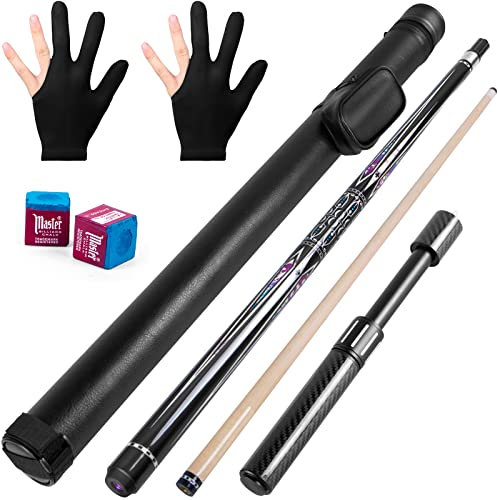 lotmusic Premium Poolstock mit Teleskop-Queuestock-Verlängerung aus Kohlefaser, 147,7 cm, professionelles Pool-Queue-Stick-Set mit schwarzer Leder-Tragetasche und Billard-Zubehör.
