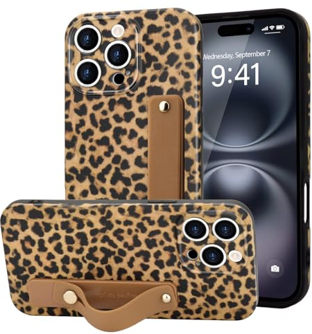 LAPOPNUT for iphone 13 Pro Case Strap Leopard Tortoise Print, Khaki | Cheetah Amber Pattern Phone Cover, Adjustable Finger Wrist Stand Holer, Cute for Women Girls Men,TPU Bumper Shell, Protecion