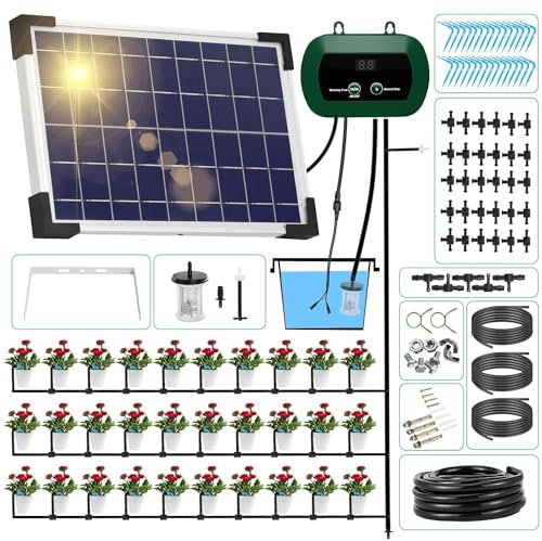 Lewisia 5W Solar Drip Irrigation System with Timer Auto Watering Kit for Garden Raised Beds Patio Lawn Greenhouse Up to 30 Plants