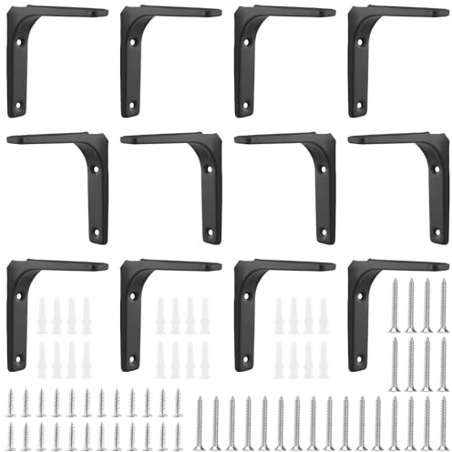 FUNSUEI 12 Escuadras Metálicas para Estanterías de Pared, 100 x 100 mm, 90 Grados, Soportes de Pared para Estanterías de Madera, Color Negro
