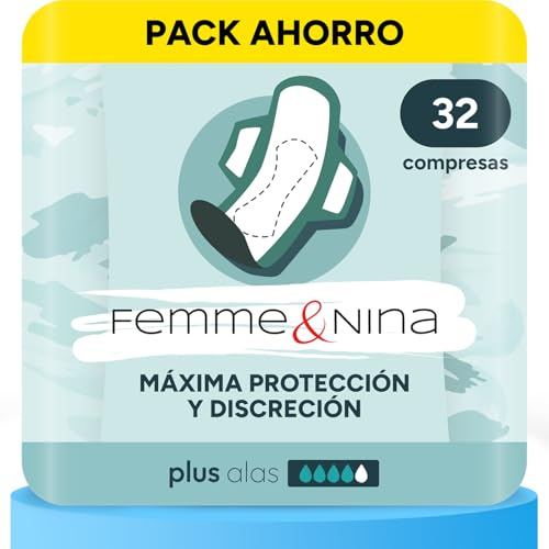 FEMME & NINA 32 Damenbinden mit Flügeln, Baumwolle mit weichem Griff für extra Komfort, hochsaugfähiger Kern, maximaler Schutz und Diskretion, kein Geruch und Unbehagen, plus Flügel, 4 Packungen