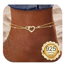 MILACOLATO 925 Sterling Silver Anklets for Women Dainty Heart Layered Waterproof 14K Gold Ankle Bracelets Adjustable Extra Large Anklet Beach Foot Jewellery