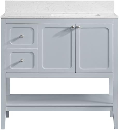 Miseno MV-N242-V36 Ravello 36 Single Basin Vanity Set with 3/4 Marble Stone Composite Top, Rectangular Sink, USB Port, and Electrical Outlet - Soft Blue