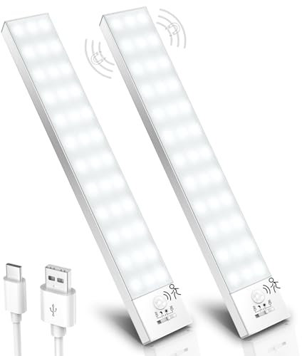 Ylatoial Under Cabinet Kitchen Lights, 23cm 36 LED Motion Sensor Lights Indoor 5000K 1000mAh Under-Cabinet Light USB Rechargeable Cupboard Light with Magnetic for Stairs Wardrobe Hallway -2 Pack