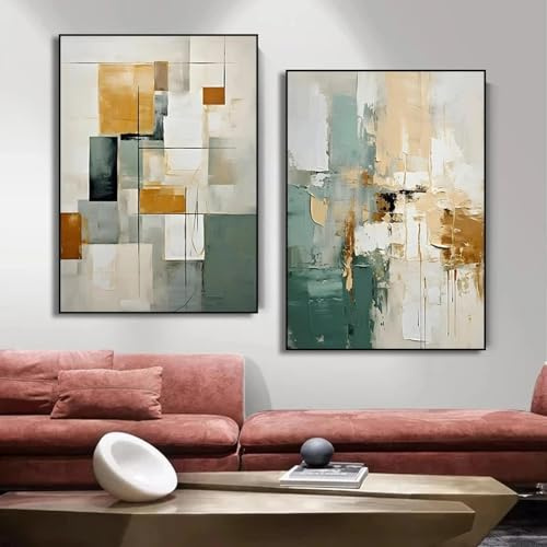 JACBON Poster astratto minimalista geometrico con tonalità di terra verde, texture su tela, dipinto moderno, arte murale per soggiorno, arredamento per la casa, 50x70 cm, cornice interna 2