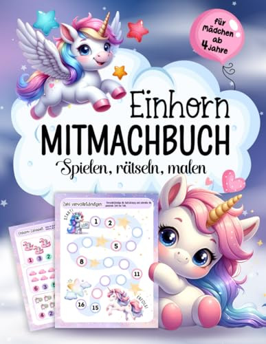 Mitmachbuch für Mädchen ab 4 jahre: Einhorn Reisespiele mit Malen nach Zahlen, Buchstaben und Zahlen lernen, Rätselbuch und Malbuch – ideale Beschäftigung Autofahrt Kinder.