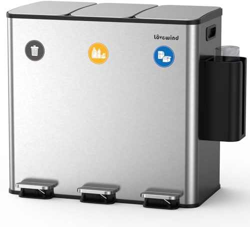 lovewind Mülleimer, 3 x 20L Recyclingeimer, 3-Fach-Mülleimer für Recycling und Abfall, inklusive Müllbeutel-Aufbewahrungsbox, magnetisches Etikett,Soft-Close-Deckel, Pedale, Inneneimer, Stahl,Silber