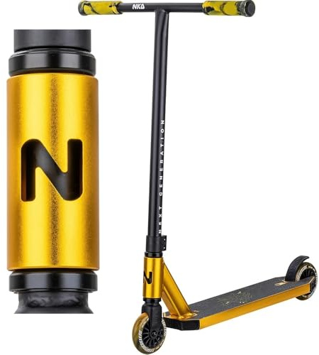 Patinete acrobático NKD – Next Generation | Rodamientos ABEC-9 de Alto Rendimiento | Manillar Giratorio de 360° para Freestyle | Aleación de Aluminio 6061 Duradera (Dorado)