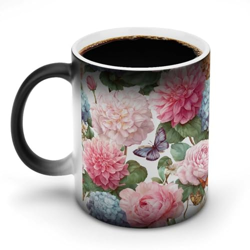 Jubonexis Hydrangeas Roses and Dahlia Flowers Color Changing Mugs Heat Changing Ceramic Coffee Mug Novelty Funny Tea Water Cup 11OZ