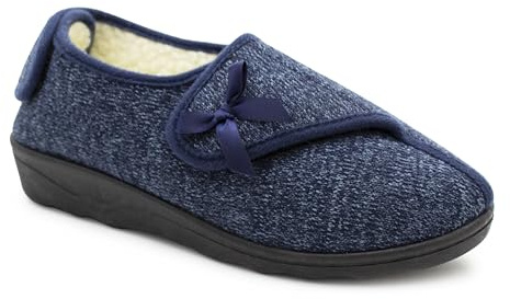 Womens Slippers Warm Fleece Lined Twin Touch Fasten Wide Opening Diabetic Ladies Felt Winter Slip On House Shoes (Navy, 7, UK Footwear Size System, Adult, Women, Numeric, Medium, 7)
