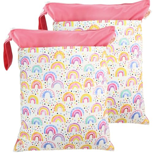 2 Stück Regenbogen Motiv Nassbeutel, Wetbag Kindergarten mit 2 Reißverschluss, Doppelwandiger Wetbag, Wiederverwendbar WäSchebeutel Reise für Badeanzüge Windeln Strand Fitnessstudio(40x30 cm)