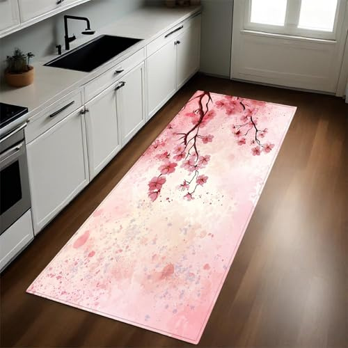 Rosa Waschbarer Küchenläufer 60x180 cm rutschfest Aquarell-Kirschblüten Design Türmatte für Küche und Bar Pflegeleicht Dekorativer Teppich Läufer