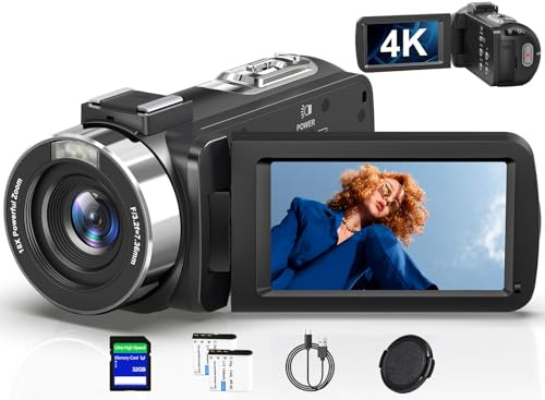 Videokamera Camcorder 4K HD 80MP 30FPS mit IR Nachtsicht, 18X Digitalzoom Webcam Videokameras, 3,0-Zoll 270° Drehung Ausgestattet IPS Screen Vlogging Camera für YouTube mit 2 Akkus, 32GB-SD-Karte