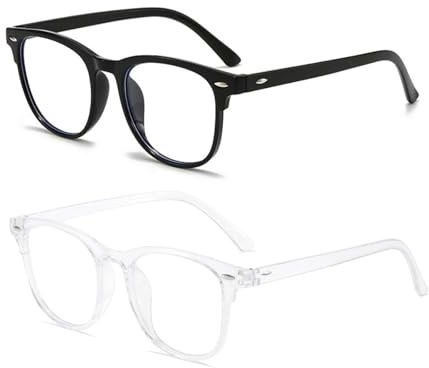 KEYRI 2 Paia Occhiali Anti Luce Blu, Occhiali da Lettura Anti Luce Blu con Trasparente Lenti Antiriflesso per Uomo e Donna Telaio Rotondo Occhiali per Pc con Blocco Della Luce Blu (Nero + Trasparente)