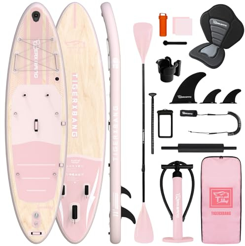 TIGERXBANG Tabla Paddle Surf Hinchable con Asiento, 335x86x15cm Stand Up Paddle Board para Adultos/niños, Kit Completo de Surf ISUP para 2+1 Personas/Familia, Rosa