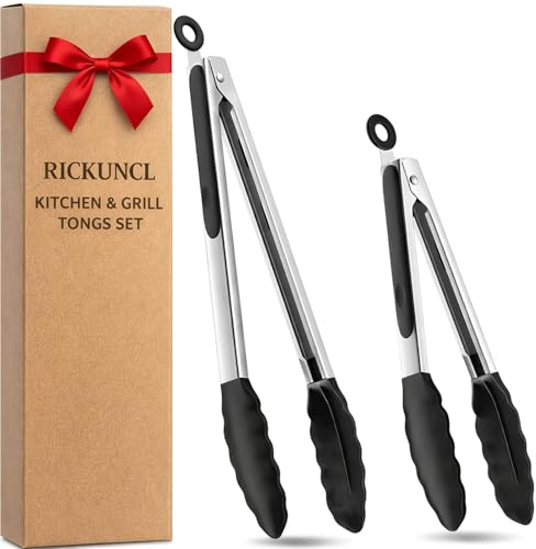 Kitchen Tongs Set of 2, 9/12 Inch Silicone Tongs Kitchen, Stainless Steel Cooking Tong with Tips, Non Stick Home Tewwzers Tools & Gadgets for BBQ, Air Fryer, Grilling, Salad - Black