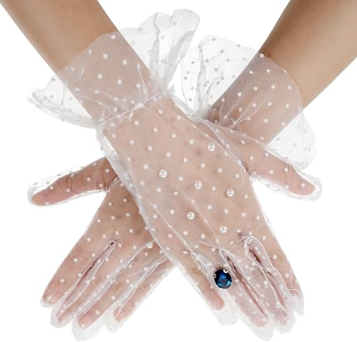 Neyauo Sheer Mesh Gloves, Wrist Gloves Polka Dot & Pearl with Ruffle Trim
