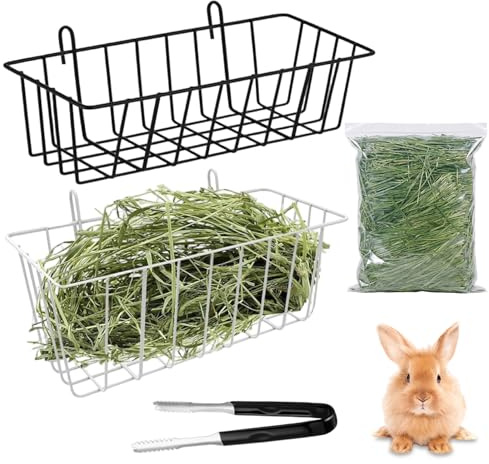 Vetin 4PCS Rabbit Hay Feeder Set, Hanging Rack for Guinea Pig Cage | with Timothy Hay 250g, Metal & Hay, for Small Pet Accessories, Bunny Hay Rack