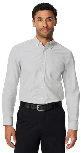 Amazon Essentials Camisa Oxford Ajustada de Manga Larga con Bolsillo Hombre, Gris, S