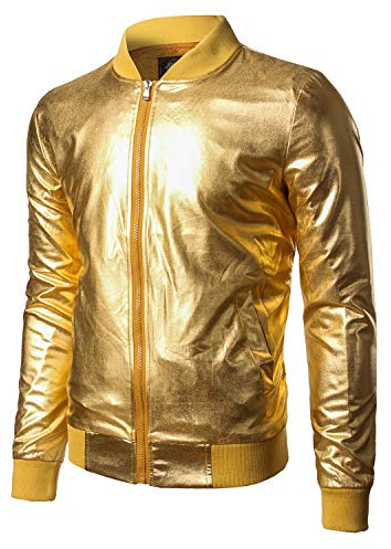 JOGAL Herren 70s Disco Reißverschluss Baseball Bomber Jacke Gold X-Large
