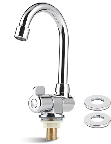 Yctze Küchen-RV-Wasserhahn, Edelstahl, Chrom, Silber, Modern, 360° drehbar, Einloch, Deckenmontage, 1 Loch, Dual Handles, Schwenkarm, Links, Rechts, 495 Gramm, 3 Stück, inkl. Abstandhalter