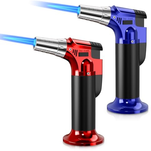 2 Pack Torch, Butane Torch Refillable, KitchenTorch for Cooking with Safety Lock & Adjustable Flame for BBQ, Creme Brulee, Baking, Crafts(Butane Gas not Included) (Red/Blue)
