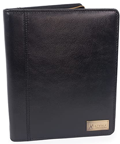 Catwalk Collection Handbags - Damen A5 Leder Notizbuchtasche - Schreibmappe mit Reißverschluss - Passend für Tablet und Notizbuch - Angela - Schwarz