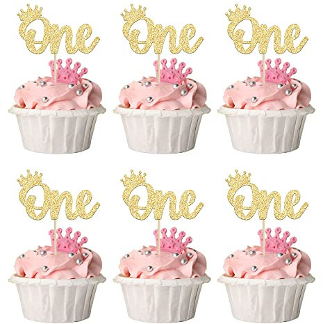 24 Stück Kronen-Cupcake-Topper Gold Glitzer Krone One Cupcake Topper Prinz 1. Geburtstag Krone Cupcake Dekorationen für Prinz Krone Thema Babyparty Party Dekoration Supplies