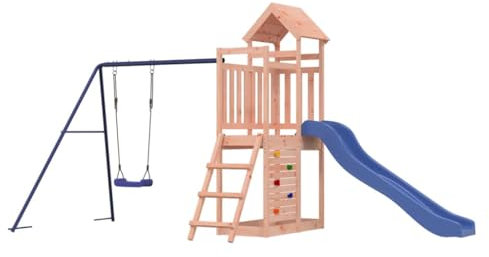 vidaXL Spielturm, Klettergerüst mit Rutsche Schaukel Kletterwand, Kinder Kletterturm mit Holzdach, Spiel-Zubehör für Garten, Holz Spielplatz, Massivholz Douglasie