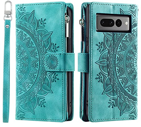 VEEMOS Handyhülle für Google Pixel 7 Pro hülle Klappbar Blumen Handytasche Schutzhülle Klapphülle mit Kartenfach Handy Tasche Book Cover Flip Case Ständer - Grün