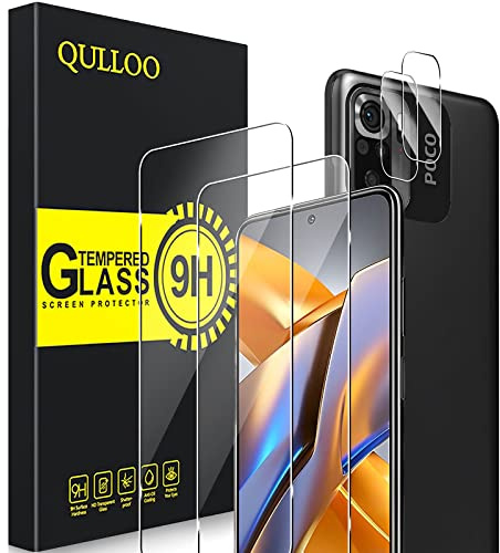 QULLOO Schutzfolie für Xiaomi Mi Poco M5s, 2 Stück Displayschutzfolie mit 2 Stück Kameraschutz [9H Härte Gehärtetes Glas ][HD Klar Schutzglas][Anti-Kratzen Folie]
