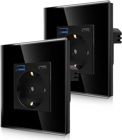 CNBINGO 2-Pack Einzelsteckdose mit 1x USB-A/C Schnellladen, Glas Schwarz | Schuko Steckdose Unterputz mit 20W Schnellladen USB-Anschluss, 1-Fach Wandsteckdose Kindersicherung mit Glasrahmen
