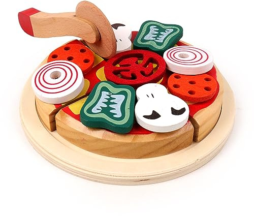 PLANÈTE BOIS - Pizza-Tablett - FSC - 030245-4 Teile - Mehrfarbig - Holz - Kinderspiel - Langlebiges Spielzeug - Küche - Rollenspiel - Ernährung - 19 cm x 19 cm - Ab 2 Jahren