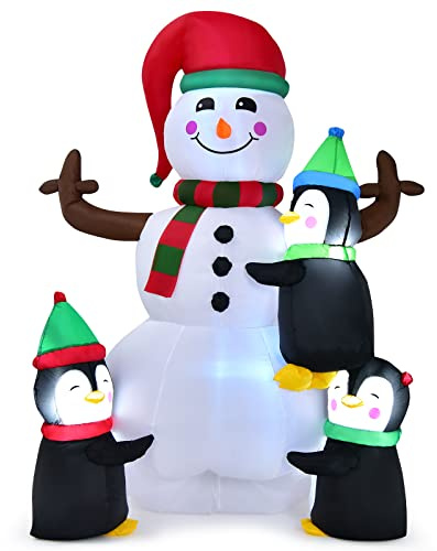 COSTWAY 180cm Aufblasbarer Schneemann mit Gebläse, 3 Pinguinen Weihnachtsdeko LED, Weihnachtsfigur für den Garten, Hof und Balkon