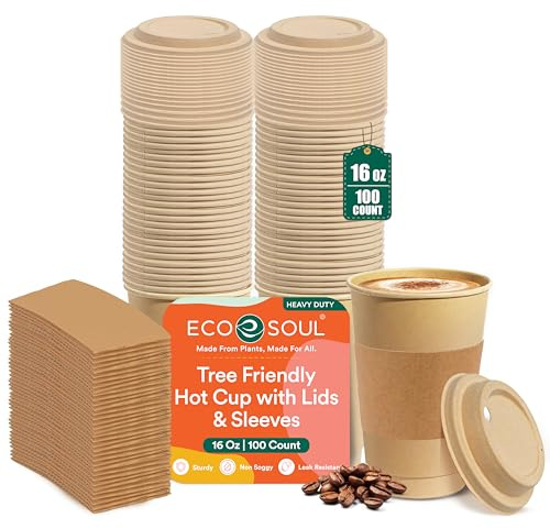 ECO SOUL 100-pack 16 oz engångskoppar med lock och ärmar, miljövänliga, biologiskt nedbrytbara, komposterbara, läckagefria och robusta att gå-varm dryck-kopp för te, chokladfest resekafé kontor och