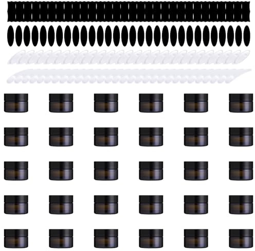 Yauhar 120Pcs 5g Amber Glass Jars Assortment Kit with Inner Liners and Black Lids, Spoons and blank labels for Storing Lip and Body Scrub, Lotion, Body Butter, Bath Salts