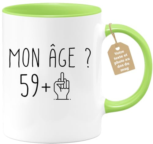 quotedazur Café-Croissant - Mug Personnalisable Texte Photo Humour Anniversaire 60 Ans Mon Âge Doigt Honneur - Cadeau Noël Original Soixantenaire Tasse 1966 Homme Femme - Vert/Céramique