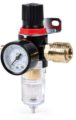 DEWIN Druckluft Steck-Druckminderer, 1/4 Zoll Druckluftregler mit Wasserabscheider und Schnellanschluss für Kompressor Filter