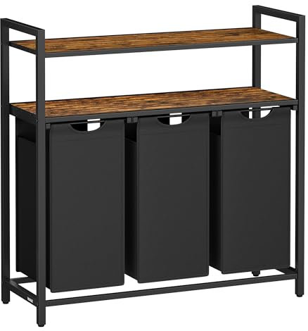 VASAGLE Cesto Portabiancheria, Porta Biancheria con 3 Sacchi Estraibili e Rimovibili, 2 Ripiani Portaoggetti, 40L per Sacco, per Bagno, Lavanderia, Marrone Vintage e Nero BLH213B01