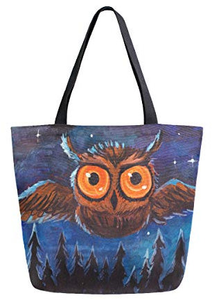Strandtasche Aquarell-Eule In Der Nacht Mit Mond Und Sternen Einkaufstaschen Aesthetic Canvas Tasche Faltbare Tote Bag Für Mädchen Feiertags Einkaufen 40X50cm