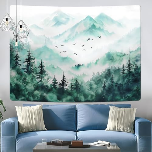 Uspring Wandteppich Nebelwald, Motiv: Berg, Naturlandschaft, Wandbehang, nebliger Baum, großer blauer Wandteppich für Schlafzimmer, ästhetisch (150,1 x 210,1 cm)