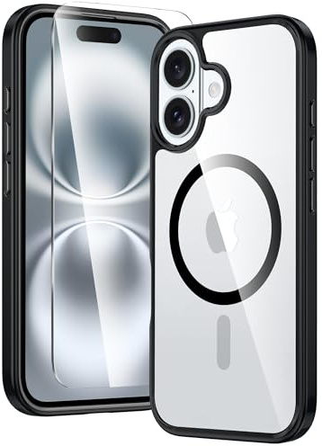 FNTCASE for iPhone 16 Case: Clear Magnetic Military Grade Drop Protection Anti Yellowing Slim Case - Rugged Shockproof Protective Transparent Cell Phone Cover(Black)
