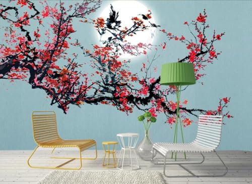 Fototapete Schlafzimmer Kinderzimmer 3D Tapeten 3D Effekt Wohnzimmer Handgemalte Rote Pflaumenblüte Schwarzer Und Weißer Baum Hintergrund Wand 400cmx280cm Natur Grau Wandposter Mustertapete