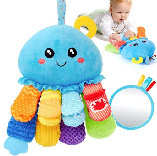 hahaland 8-in-1 Tummy Time Sensory Toy - 3+ Months Baby Rattle, Mirror & Teether Plush Toy - 0-12M Newborn Gift for Boys & Girls, Washable Soft Fabric, Octopus Montessori Toy