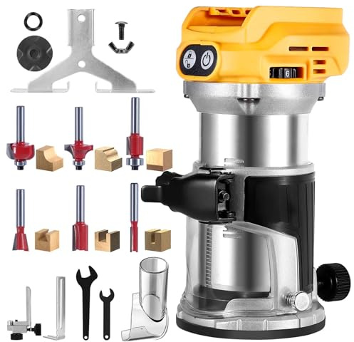 bellaDimora Cordless Trim Router Compatible with DeWalt 20V MAX Battery, 800W Brushless Motor 30,000RPM 6-Speed, with Edge Guide Dust Hood & 6 Router Bits(No Battery)